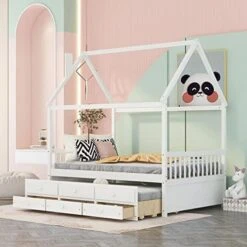 Harper & Bright Designs Full House Bed With Twin Size Trundle, Wood Full Size Bed With Roof, Windows And Fence, Playhouse Bed Frame For Kids Teens Boys & Girls, No Box Spring Needed (White) -Safavieh Furniture 51MpgLFyB1L. AC