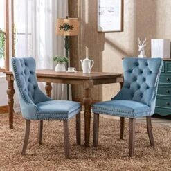 LZ LEISURE ZONE Velvet Dining Chairs Set Of 2, Upholstered Accent Chairs With Button Tufted, Nailhead Trim And Back Ring Pull, Light Blue, Seat Height 20" -Safavieh Furniture 51MqvfQWzjL. AC