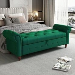 LUCKHAO 63" Tufted Storage Bench For Bedroom End Of Bed,Upholstered Storage Ottoman Bench For Bedroom,Rolled Arm Window Bench Seatwith With Solid Wood Legs(Grey) -Safavieh Furniture 51MvtFrEdL. AC