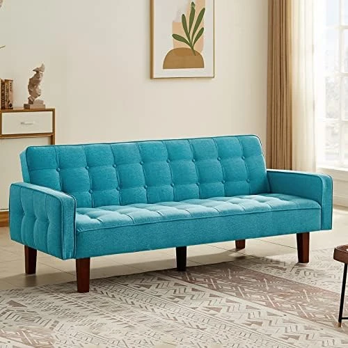 Betoko Linen Futon Sofa Couch 73.6" Fabric Upholstered Convertible Sofa Bed Minimalist Button Tufted Small 3 Seater Sleeper Futon Couch Set For Living Room Bedroom (Beige) 8 Betoko Linen Futon Sofa Couch 73.6" Fabric Upholstered Convertible Sofa Bed Minimalist Button Tufted Small 3 Seater Sleeper Futon Couch Set For Living Room Bedroom (Beige) - Image 8