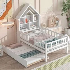 Furnicare Twin Size Bed Frames With Fence Railings, Wood Twin Platform Bed With House Shaped Headboard And 2 Drawers, Twin Bed With Storage For Kids Teens Girls Boys, No Box Spring Needed, White -Safavieh Furniture 51N5cAmSeZL. AC 2