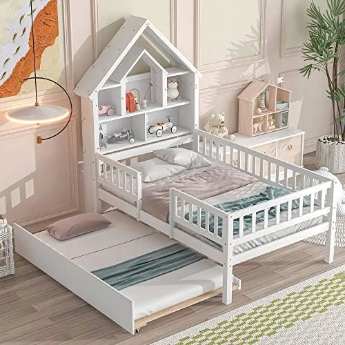 MERITLINE Twin Size Platform Bed With Drawer Wood Storage Bed Frame With House-Shaped Bookcase Headboard and Fence Guardrails For Kids,Boys,Girls(White) 14 MERITLINE Twin Size Platform Bed With Drawer Wood Storage Bed Frame With House-Shaped Bookcase Headboard and Fence Guardrails For Kids,Boys,Girls(White) - Image 14