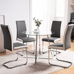 5 Pieces Dining Table And Chairs Set - Modern Round Dining Room Table With 4 Leather Chairs - Tempered Glass Table Top And Chrome Legs Kitchen Table Set For Small Space - White -Safavieh Furniture 51NDe6NRSlL. AC 1