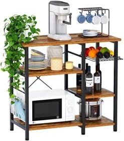 Mr IRONSTONE Bakers Rack, 35.5" Coffee Bar, 10 Hooks Microwave Stand With Wire Basket, 3-Tier Kitchen Storage Shelf, Kitchen Stand For Spice Rack Organizer Workstation, White Oak -Safavieh Furniture 51Nc4zPE8kL. AC