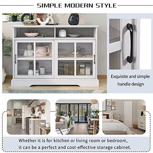 LUMISOL Kitchen Buffet Sideboard With 2 Glass Sliding Doors And Adjustable Shelves, Console Table Storage Cabinet For Dining Room Living Room, Antique White 4 LUMISOL Kitchen Buffet Sideboard With 2 Glass Sliding Doors And Adjustable Shelves, Console Table Storage Cabinet For Dining Room Living Room, Antique White - Image 4