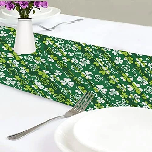 Exnundod St Patrick Shamrock Lucky Table Runner 90 Inches Green Cirrus Clovers Spring Runner For Spring Dining Table Kitchen Holiday Home Seasonal Decor 5 Exnundod St Patrick Shamrock Lucky Table Runner 90 Inches Green Cirrus Clovers Spring Runner For Spring Dining Table Kitchen Holiday Home Seasonal Decor - Image 5
