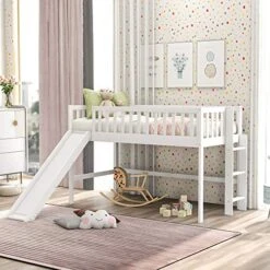 Kteam Twin Size Low Loft Bed With Ladder/Slide/headboard, Pine Wood Bed Frame For Girls/Boys (White)