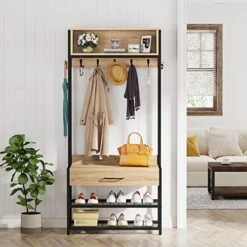Tribesigns 3-in-1 Entryway Hall Tree With Drawer, Vintage Industrial Coat Rack With Shoe Bench And Hutch, Mudroom Bench With Shoe Storage Rack And 9 Hooks For Living Room Bedroom (Oak) -Safavieh Furniture 51NxfPll9jL