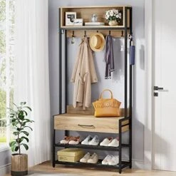 Tribesigns 3-in-1 Entryway Hall Tree With Drawer, Vintage Industrial Coat Rack With Shoe Bench And Hutch, Mudroom Bench With Shoe Storage Rack And 9 Hooks For Living Room Bedroom (Oak) -Safavieh Furniture 51O9vR gXL. AC