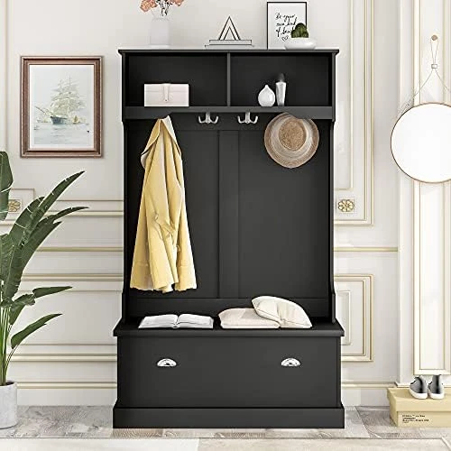 Hall Tree With Bench And Shoe Storage, Entryway Bench With Coat Rack, 24 Shoe Cubby, White 12 Hall Tree With Bench And Shoe Storage, Entryway Bench With Coat Rack, 24 Shoe Cubby, White - Image 12