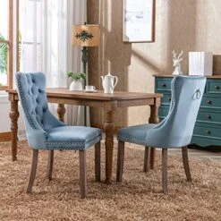 LZ LEISURE ZONE Velvet Dining Chairs Set Of 2, Upholstered Accent Chairs With Button Tufted, Nailhead Trim And Back Ring Pull, Light Blue, Seat Height 20" -Safavieh Furniture 51OHZ8p15KL