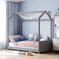 DEINPPA Twin Size Velvet Fabric Upholstered Tufted Headboard And Footboard, Kids House Bed Frame With Roof Design, For Kids Boys Girls-Gray 21 DEINPPA Twin Size Velvet Fabric Upholstered Tufted Headboard And Footboard, Kids House Bed Frame With Roof Design, For Kids Boys Girls-Gray -Safavieh Furniture 51OL N1m5eL. AC
