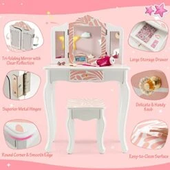 Costzon Kids Vanity Table And Chair Set, Girls Vanity Set With Mirror And Stool, Storage Drawer, Wooden Princess Makeup Dressing Table, Toddler Vanity, Pretend Play Vanity Set For Little Girls 12 Costzon Kids Vanity Table And Chair Set, Girls Vanity Set With Mirror And Stool, Storage Drawer, Wooden Princess Makeup Dressing Table, Toddler Vanity, Pretend Play Vanity Set For Little Girls -Safavieh Furniture 51OMJVI1FgL