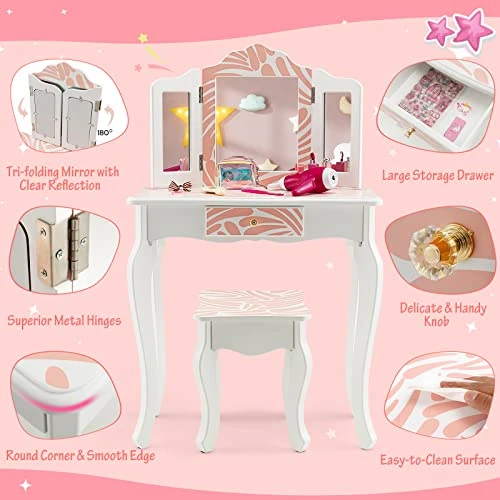 Costzon Kids Vanity Table And Chair Set, Girls Vanity Set With Mirror And Stool, Storage Drawer, Wooden Princess Makeup Dressing Table, Toddler Vanity, Pretend Play Vanity Set For Little Girls 3 Costzon Kids Vanity Table And Chair Set, Girls Vanity Set With Mirror And Stool, Storage Drawer, Wooden Princess Makeup Dressing Table, Toddler Vanity, Pretend Play Vanity Set For Little Girls - Image 3