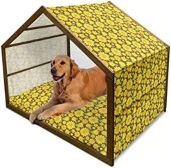 Ambesonne Sunflower Wooden Dog House, Continuous Pattern With Simplistic Cartoon Flowers, Indoor & Outdoor Portable Dog Kennel With Pillow & Cover, 2X-Large, Yellow Brown -Safavieh Furniture 51OQH hufL. AC