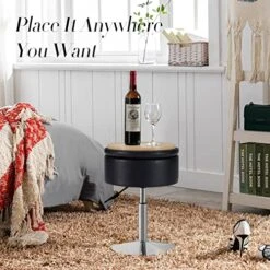 Leather Storage Ottoman Vanity Stool, 18" To 23" Height Adjustable Foot Stool Upholstered Round Footrest Coffee Table Top Cover, Modern Accent Stools,360° Swivel Makeup Stool For Living Room Bedroom -Safavieh Furniture 51Obn8EkiXL