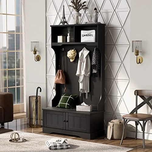 Hall Tree With Bench And Shoe Storage, 3 In 1 Entryway Bench With Coat Rack, Mudroom Bench With Storage And 4 Double Hooks, Entryway Furniture For Hallway (Black, 40" L X 18.5" W X 72" H) 9 Hall Tree With Bench And Shoe Storage, 3 In 1 Entryway Bench With Coat Rack, Mudroom Bench With Storage And 4 Double Hooks, Entryway Furniture For Hallway (Black, 40" L X 18.5" W X 72" H) - Image 9