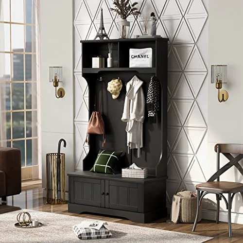 Hall Tree With Bench And Shoe Storage, 3 In 1 Entryway Bench With Coat Rack, Mudroom Bench With Storage And 4 Double Hooks, Entryway Furniture For Hallway (Black, 40" L X 18.5" W X 72" H) 1 Hall Tree With Bench And Shoe Storage, 3 In 1 Entryway Bench With Coat Rack, Mudroom Bench With Storage And 4 Double Hooks, Entryway Furniture For Hallway (Black, 40" L X 18.5" W X 72" H)