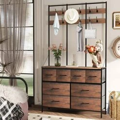 SENSWEET 8 Drawer Dresser, Tall Dressers For Bedroom, Big Fabric Dressers & Chests Of Drawers For Living Room, Brown Dresser With Hanging Rack For Entryway, Fabric Storage Chest For Closets