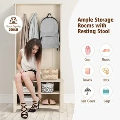 Tangkula Hall Tree, Entryway Wooden Hall Tree With Storage Bench, Entryway Storage Organizer, Coat Rack Shoes Bench With 3 Hooks, Perfect For Entryway, Dorm Room, Apartment (Natural) -Safavieh Furniture 51OrDGHxmvL