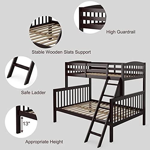 Costzon Twin Over Full Bunk Bed, Convertible Bunk Bed With Enhanced Upper-Level Guardrail And Safe Ladder, Solid Wood Bunk Bed For Kids And Teens 5 Costzon Twin Over Full Bunk Bed, Convertible Bunk Bed With Enhanced Upper-Level Guardrail And Safe Ladder, Solid Wood Bunk Bed For Kids And Teens - Image 5