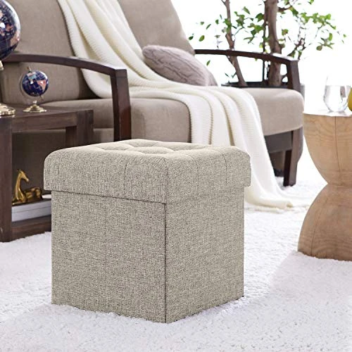 Ornavo Home Foldable Tufted Linen Storage Ottoman Square Cube Foot Rest Stool/Seat - 15" X 15" X 15" (Beige) 4 Ornavo Home Foldable Tufted Linen Storage Ottoman Square Cube Foot Rest Stool/Seat - 15" X 15" X 15" (Beige) - Image 4