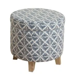 Homepop Home Decor | Upholstered Round Storage Ottoman | Ottoman With Storage For Living Room & Bedroom With Flared Legs, Navy Blue Geometric Pattern