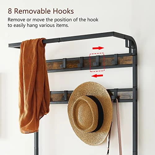 Tajsoon Coat Rack, Hall Tree With Bench And Shoe Storage, Coat Rack Shoe Bench, 3-in-1 Shoe Rack And Coat Rack For Entryway, 11.24 X 28.35 X 66.34 Inches, Metal, Rustic Brown And Black 6 Tajsoon Coat Rack, Hall Tree With Bench And Shoe Storage, Coat Rack Shoe Bench, 3-in-1 Shoe Rack And Coat Rack For Entryway, 11.24 X 28.35 X 66.34 Inches, Metal, Rustic Brown And Black - Image 6