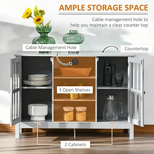 HOMCOM Sideboard, Buffet Cabinet, Coffee Bar Cabinet, Kitchen Cabinet With Storage Shelves, Slatted Framed Doors And Cable Management For Living Room, Gray 6 HOMCOM Sideboard, Buffet Cabinet, Coffee Bar Cabinet, Kitchen Cabinet With Storage Shelves, Slatted Framed Doors And Cable Management For Living Room, Gray - Image 6