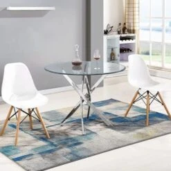 Pvillez Contemporary Glass Dining Table For 6 People, 63 Inch Rectangular Glass Kitchen Table For Dining Room Kitchen, Modern Tempered Glass Top Dining Table With Gold Stainless Steel Pedestal Base -Safavieh Furniture 51P70dlhOHL. AC 1