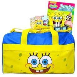 Spongebob Duffle Bag Set For Kids - 4 Pc Bundle With Spongebob Luggage Carry On Suitcase Bag, Spongebob Coloring Book, Stickers, And More (Spongebob Travel Activity Set)