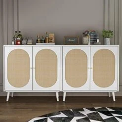 Pvillez Modern Storage Cabinet With Natural Rattan Doors, Sideboard Buffet Cabinet With Storage, Adjustable Shelves, Rattan Cabinet Console Table For Living Room, Dining Room, Entryway, White -Safavieh Furniture 51PIWjgct8L. AC