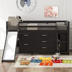 Twin Loft Bed With Stairs, Kids Low Loft Bed With Desk And Storage, Girls Boys Loft Bed Twin Size, Grey -Safavieh Furniture 51PQgLf45mL. AC