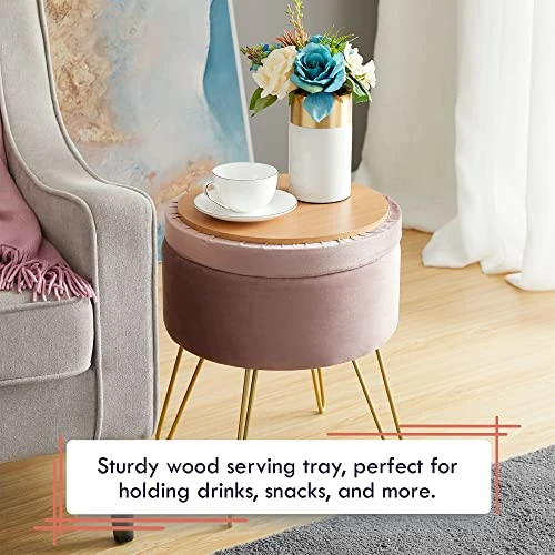 Ornavo Home Modern Round Velvet Storage Ottoman Foot Rest Vanity Stool/Seat With Gold Metal Legs & Tray Top Coffee Table - Blush 1 Ornavo Home Modern Round Velvet Storage Ottoman Foot Rest Vanity Stool/Seat With Gold Metal Legs & Tray Top Coffee Table - Blush