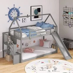 Harper & Bright Designs Twin Over Twin House Bunk Bed Frame With Slide And Storage Staircase For Kids, Grey