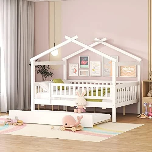 DEINPPA Full House Bed With Trundle, Kids Bed With Fence Guardrails, Wood Bed Frame, Decorative Roof Designs, No Box Spring Needed, For Boys Girls Toddler Kids-Walnut 14 DEINPPA Full House Bed With Trundle, Kids Bed With Fence Guardrails, Wood Bed Frame, Decorative Roof Designs, No Box Spring Needed, For Boys Girls Toddler Kids-Walnut - Image 14