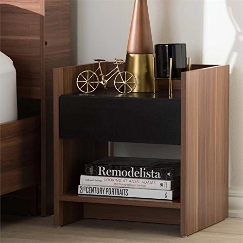 BOWERY HILL Contemporary 1 Drawer Wood Nightstand In Black And Walnut Brown 2 BOWERY HILL Contemporary 1 Drawer Wood Nightstand In Black And Walnut Brown - Image 2