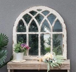 Rustic Wood Arched Window Mirror Wall Decor, Cathedral Window Wall Mirror, Shabby Chic Farmhouse Mirror For Living Room, Bedroom, Dining Room Entryway, Distressed White And Gold Foil, 31-7/8"H