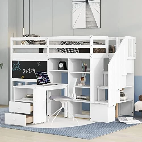 CITYLIGHT Twin Loft Bed With Stairs And Desk, Wooden Loft Bed Twin With Storage Shelves And Blackboard,Multi-Function Twin Size Loft Bed Frame For Kids Teens, White 9 CITYLIGHT Twin Loft Bed With Stairs And Desk, Wooden Loft Bed Twin With Storage Shelves And Blackboard,Multi-Function Twin Size Loft Bed Frame For Kids Teens, White - Image 9