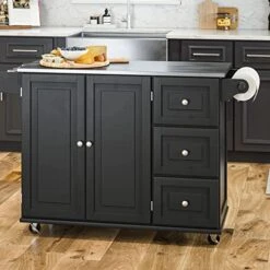 Homestyles Kitchen Cart With Stainless Steel Metal Top, Rolling Mobile Kitchen Island With Storage And Towel Rack, 54 Inch Width, Black