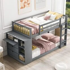 Harper & Bright Designs Twin Over Twin Bunk Bed Frame With Attached Cabinet And Shelves Storage For Kids,White -Safavieh Furniture 51Q64TImjZL. AC