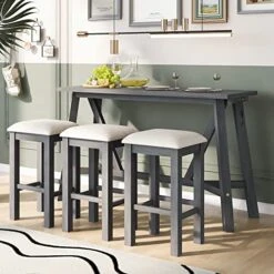Merax 4-Piece Bar Table Set With USB Port And 3 Fabric Padded Stools W/Footrest, Rustic Bar Dining Set