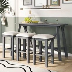 Merax 4-Piece Bar Table Set With USB Port And 3 Fabric Padded Stools W/Footrest, Rustic Bar Dining Set -Safavieh Furniture 51QBX7f5ylL. AC