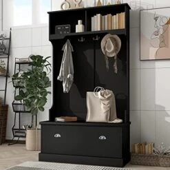 LUMISOL Hall Tree With Storage Bench For Entryway Livingroom Hallway 3-in-1 Design With Shelves Cabinet And 4 Hooks (White-with Lidded Door) -Safavieh Furniture 51QBkciGGZL. AC