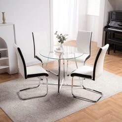 5 Pieces Dining Table And Chairs Set - Modern Round Dining Room Table With 4 Leather Chairs - Tempered Glass Table Top And Chrome Legs Kitchen Table Set For Small Space - White -Safavieh Furniture 51QWKsHqSML