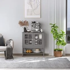 HOMCOM Coffee Bar Cabinet, Modern Sideboard Buffet Cabinet, Kitchen Cabinet With 2 Glass Doors, Adjustable Inner Shelving And Bottom Shelf, Grey -Safavieh Furniture 51Qf4D8A4mL