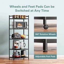 Denkee 5-Tier Kitchen Baker's Rack, Free Standing Baker's Rack For Kitchens Storage With Rolling Wheels, Upgraded Industrial Metal Microwave Oven Stand Rack (23.23 L X 15.16 W X 60.91 H) -Safavieh Furniture 51QiI78rWrL