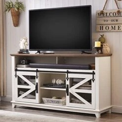 OKD Farmhouse TV Stand For 65+ Inch TV, Industrial & Farmhouse Media Entertainment Center W/Sliding Barn Door, Rustic TV Console Cabinet W/Adjustable Shelves For Living Room, Antique White