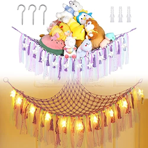 QUEEN KING Large Stuffed Animal Net Or Hammock With LED Light, Boho Hanging Stuff Animals Storage Organizer With Tassels Wall Corner Animal Hammock Holder Organizer Toy Hammock(Green) 9 QUEEN KING Large Stuffed Animal Net Or Hammock With LED Light, Boho Hanging Stuff Animals Storage Organizer With Tassels Wall Corner Animal Hammock Holder Organizer Toy Hammock(Green) - Image 9