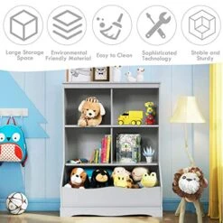 HONEY JOY Kids Toy Storage Organizer With Bookcase, 4-Cubby Organization Storage Cabinet W/Display Shelf, Wooden Toy Storage Unit For Playroom, Nursery Daycare(Gray) 14 HONEY JOY Kids Toy Storage Organizer With Bookcase, 4-Cubby Organization Storage Cabinet W/Display Shelf, Wooden Toy Storage Unit For Playroom, Nursery Daycare(Gray) -Safavieh Furniture 51RAMveaQpL